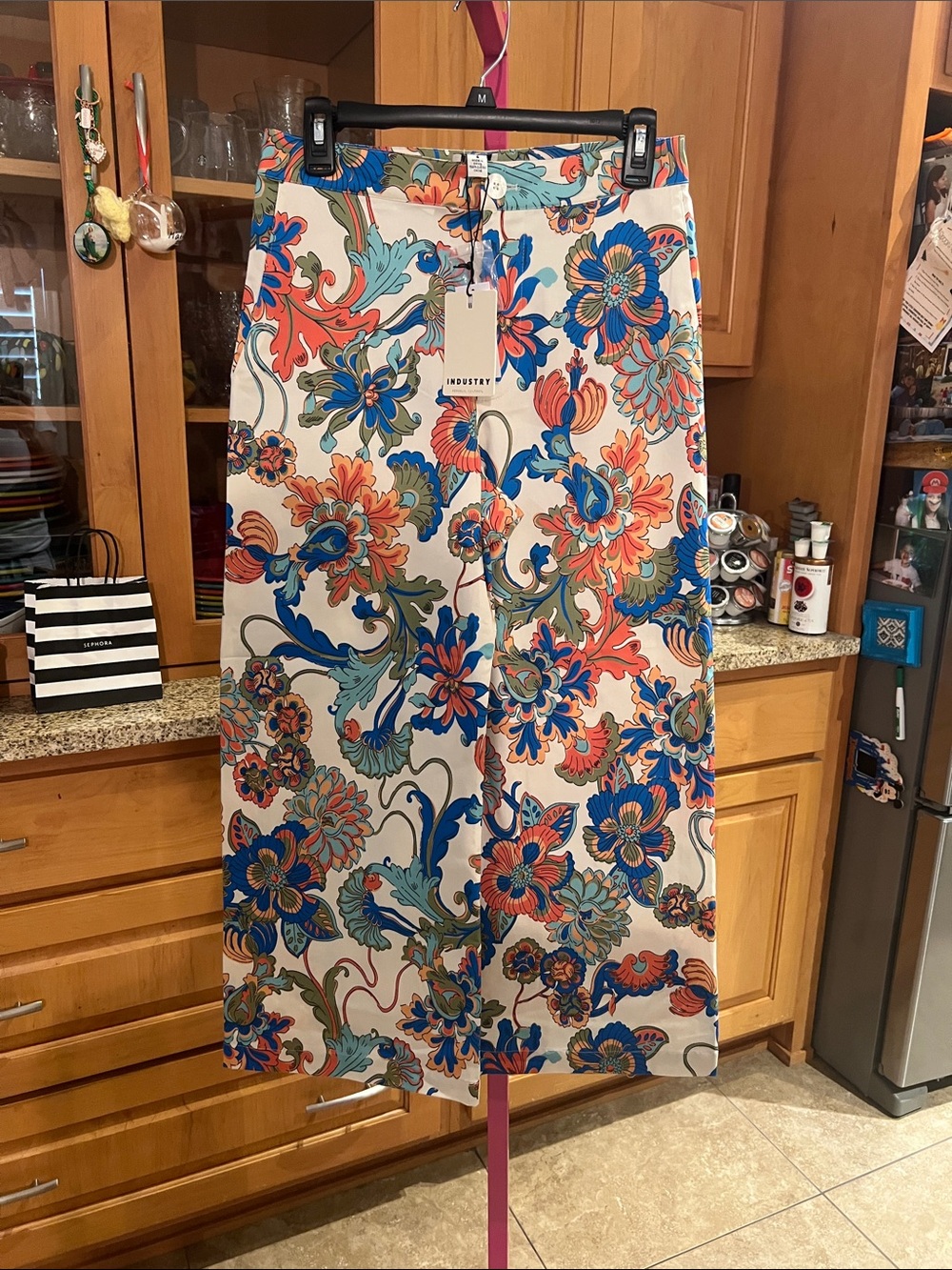 Industry Floral Print Midi Skirt in Cream with Blue & Coral